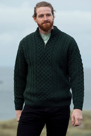 Carraig Donn Merino Wool Sweater with Zip in Khaki
