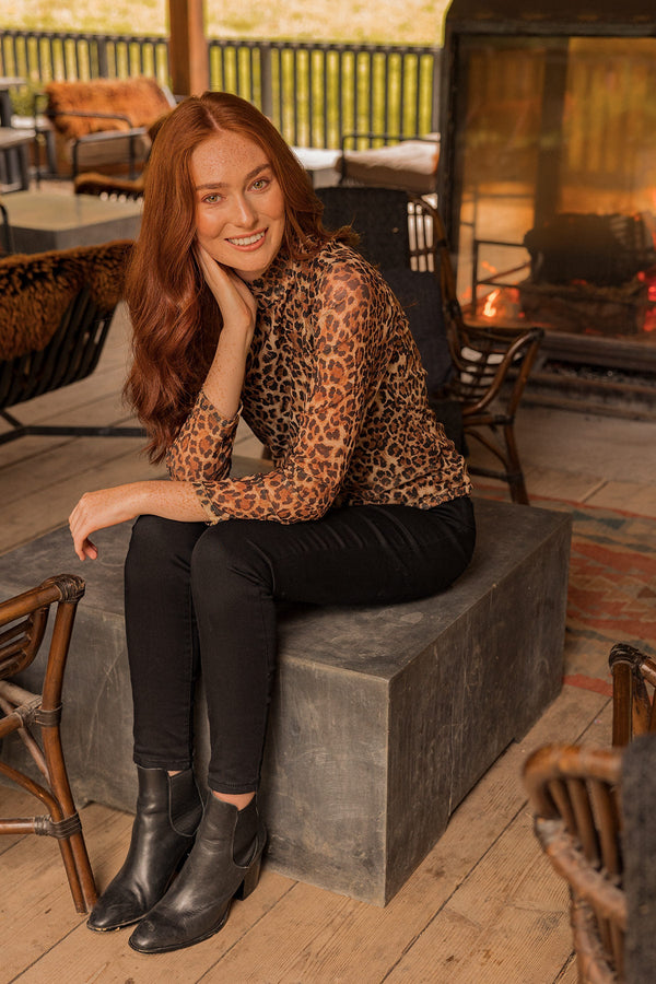 Carraig Donn Mesh High Neck Top in Leopard Print