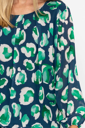 Carraig Donn Navy and Green Printed Long Sleeve Blouse