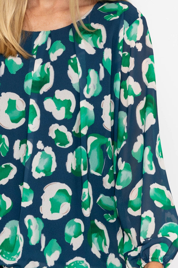 Carraig Donn Navy and Green Printed Long Sleeve Blouse