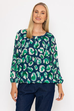 Carraig Donn Navy and Green Printed Long Sleeve Blouse
