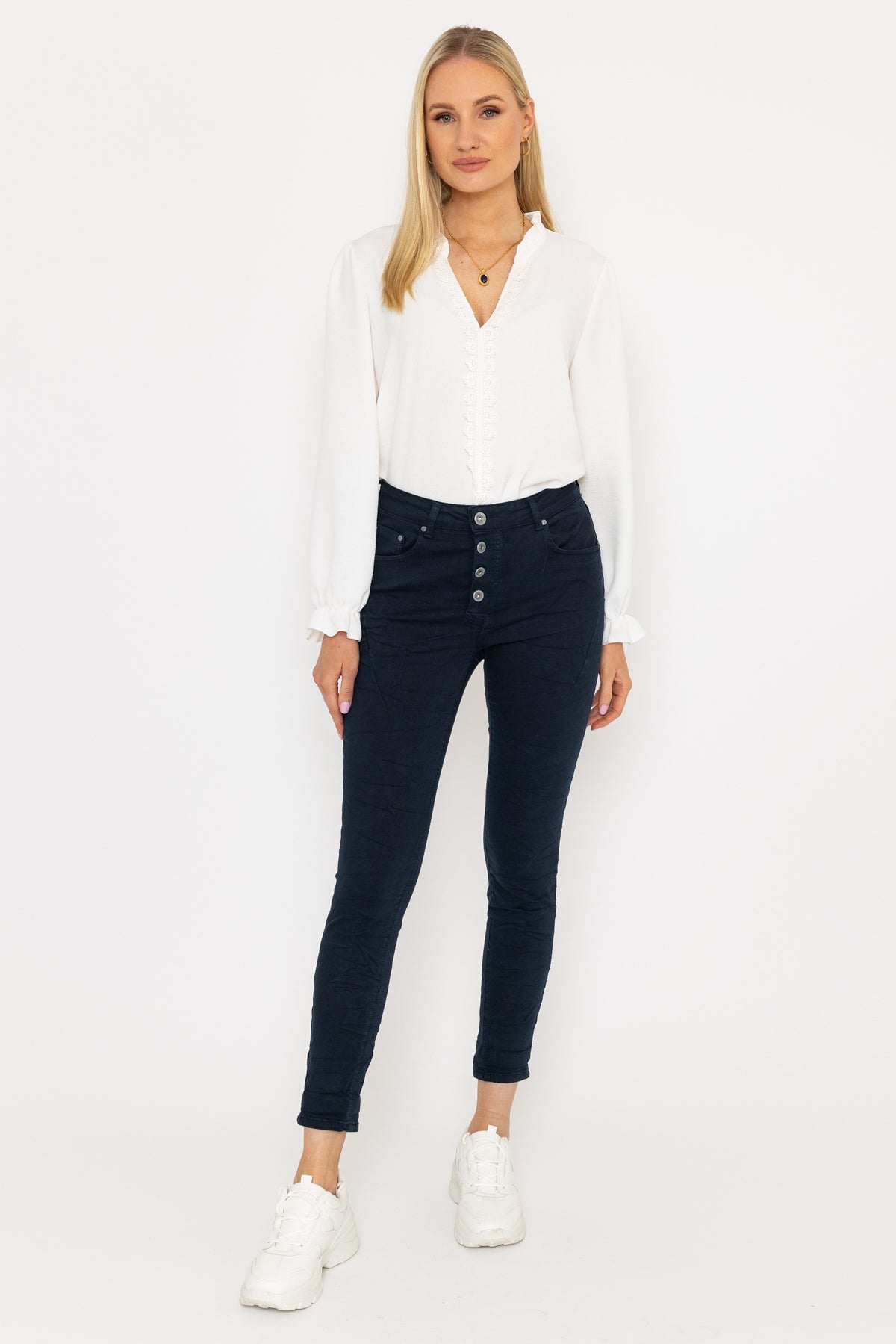 Navy Button Front Jeans