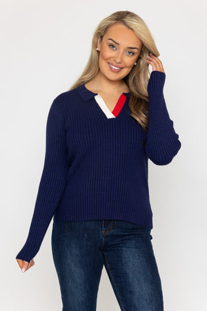Carraig Donn Navy Knitted Polo Jumper