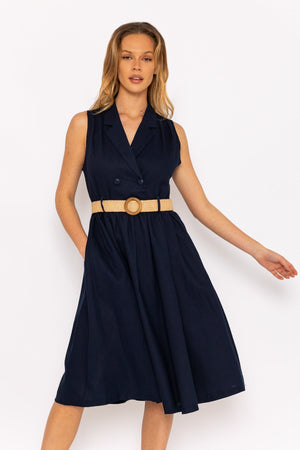 Carraig Donn Navy Linen Sleeveless Shirt Dress
