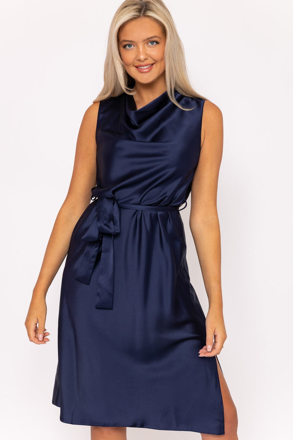 Carraig Donn Navy Satin Cowl Neck Dress