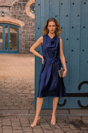 Carraig Donn Navy Satin Cowl Neck Dress