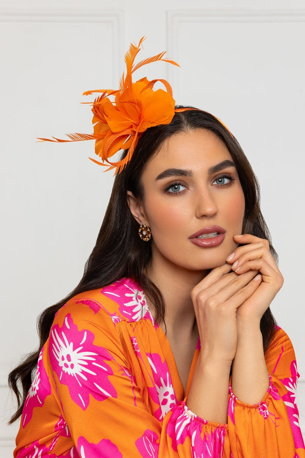 Carraig Donn Orange Feather Flower Fascinator