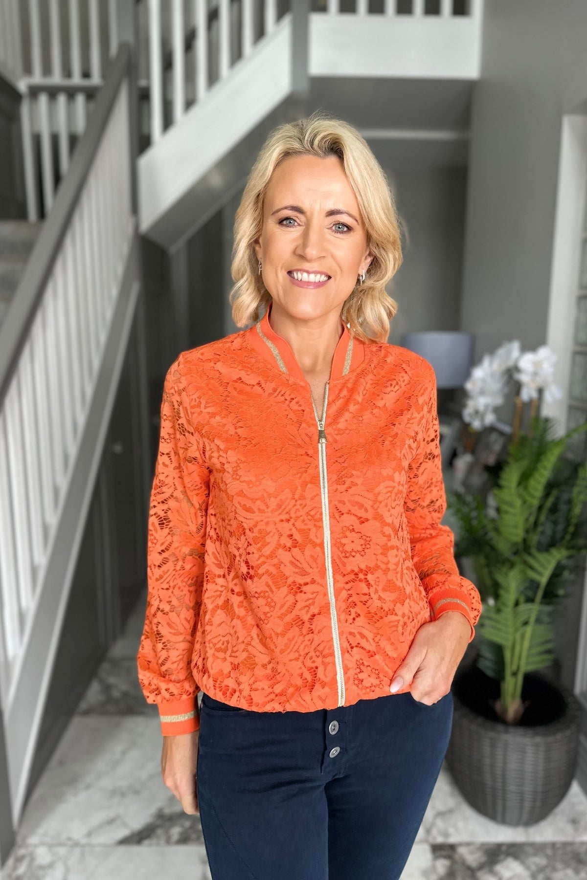 Orange Lace Bomber Jacket