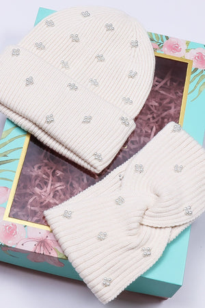 Carraig Donn Pearl Headband and Beanie in Cream