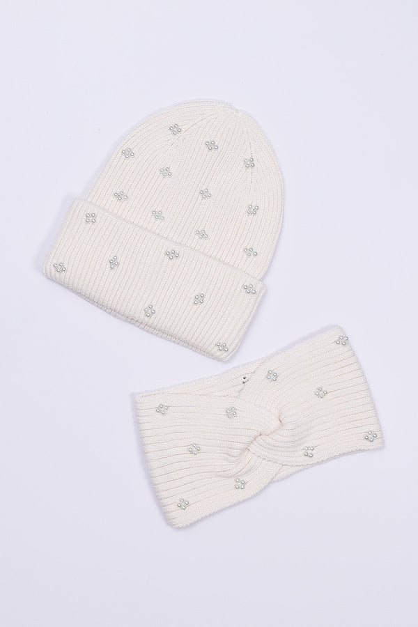 Carraig Donn Pearl Headband and Beanie in Cream