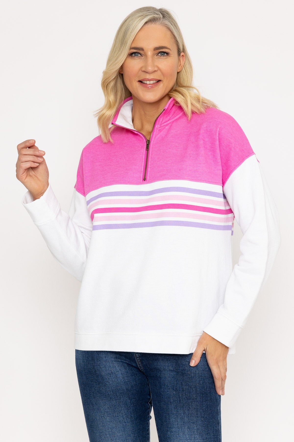 Pink 1/2 Zip Pique Colour Block Top
