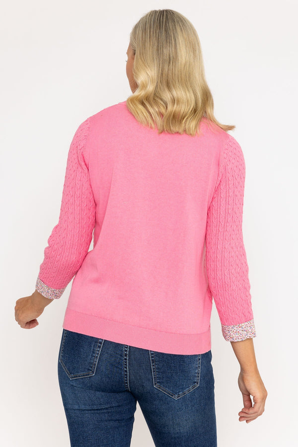Carraig Donn Pink Cable Knit Sweater With Shirt Collar