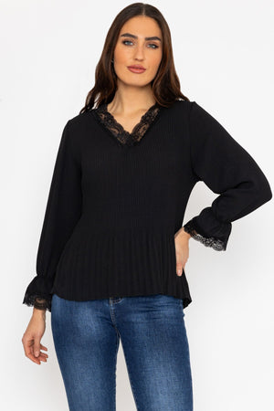 Carraig Donn Pleated Lace Trim Top in Black