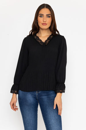 Carraig Donn Pleated Lace Trim Top in Black