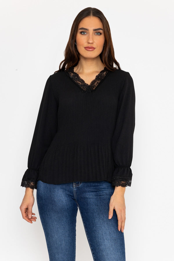 Carraig Donn Pleated Lace Trim Top in Black