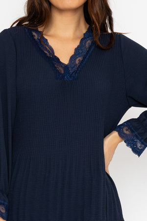 Carraig Donn Pleated Lace Trim Top in Navy