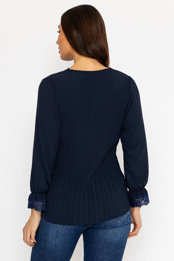 Carraig Donn Pleated Lace Trim Top in Navy
