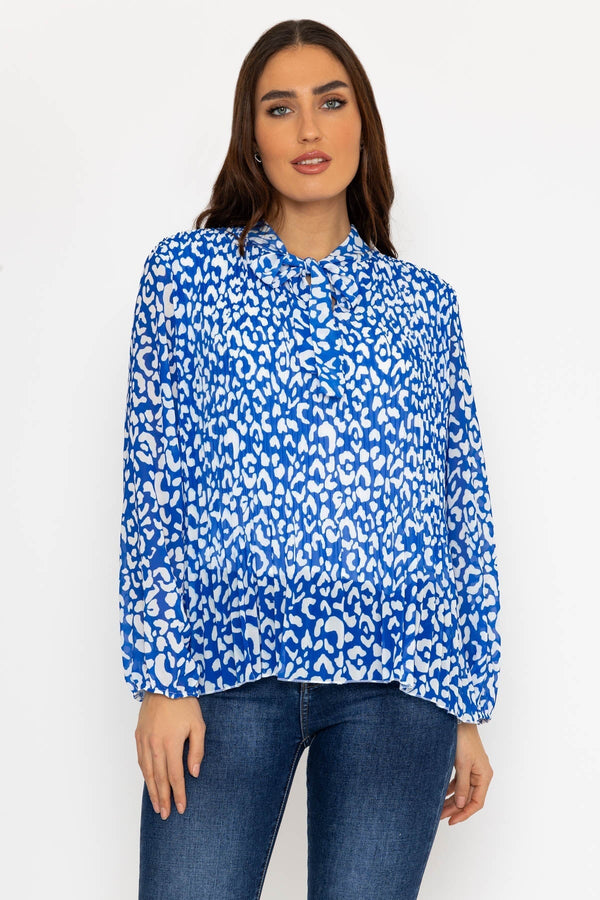 Carraig Donn Pleated Pussybow Blouse in Blue Animal Print