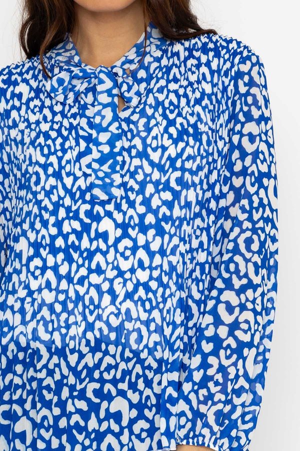 Carraig Donn Pleated Pussybow Blouse in Blue Animal Print