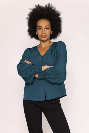 Carraig Donn Polka Dot Print V Neck Top in Teal