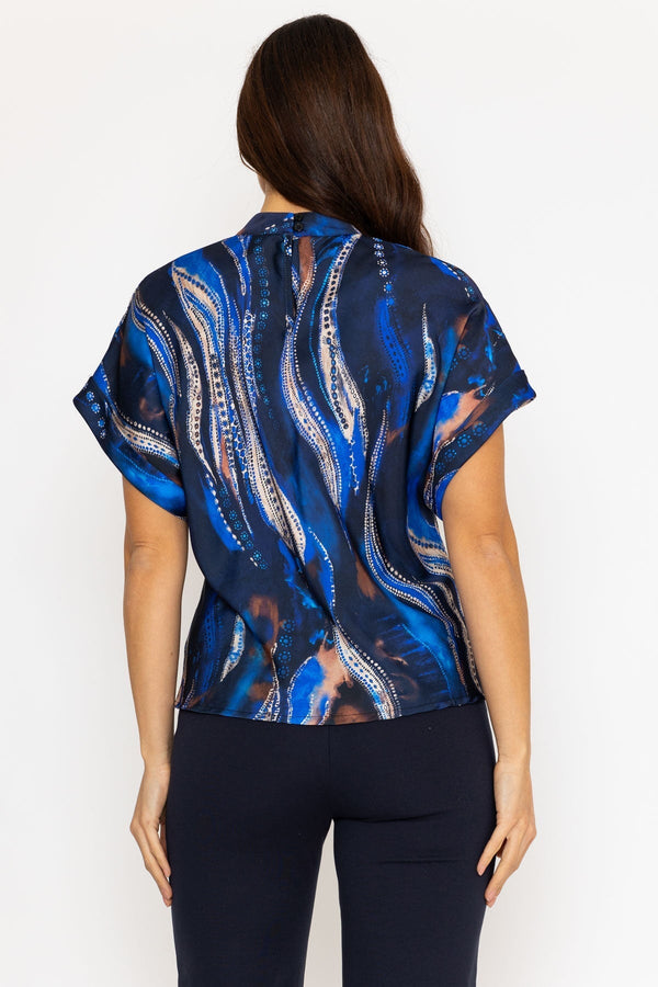 Carraig Donn Printed High Neck Sateen Top in Blue