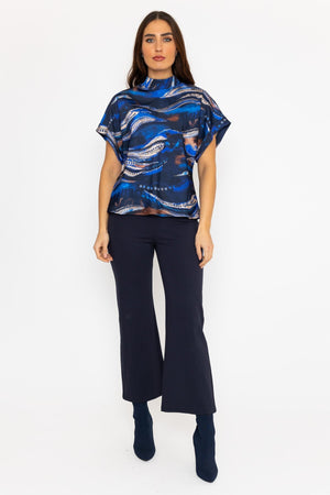 Carraig Donn Printed High Neck Sateen Top in Blue