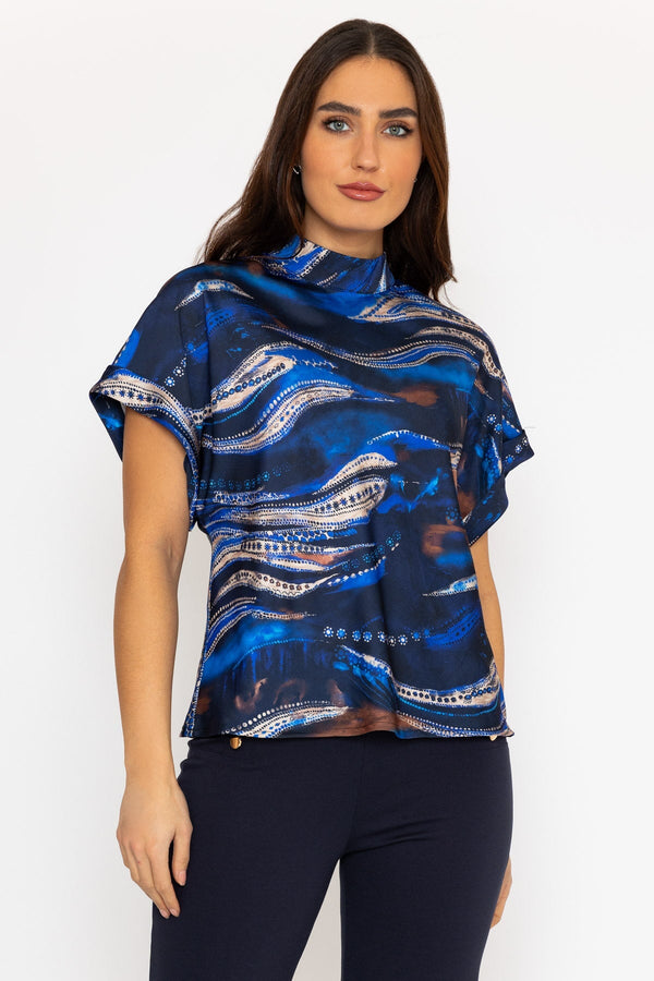 Carraig Donn Printed High Neck Sateen Top in Blue