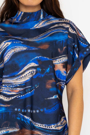Carraig Donn Printed High Neck Sateen Top in Blue