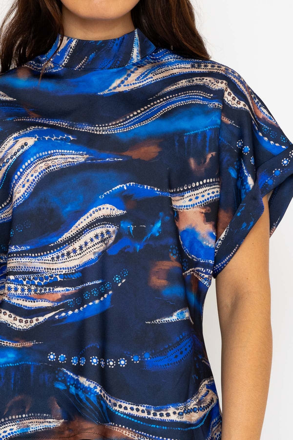 Carraig Donn Printed High Neck Sateen Top in Blue