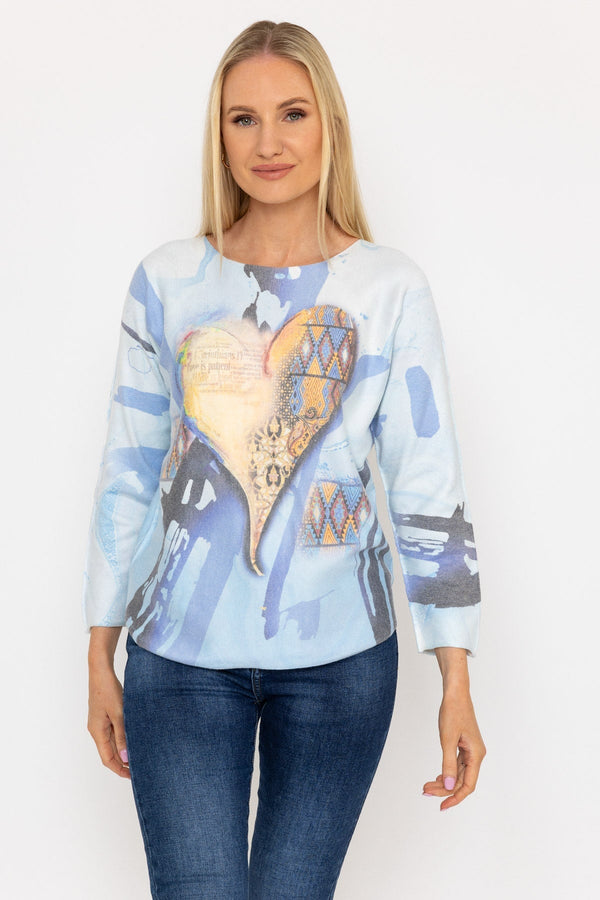 Carraig Donn Printed V-Neck Jumper in Blue