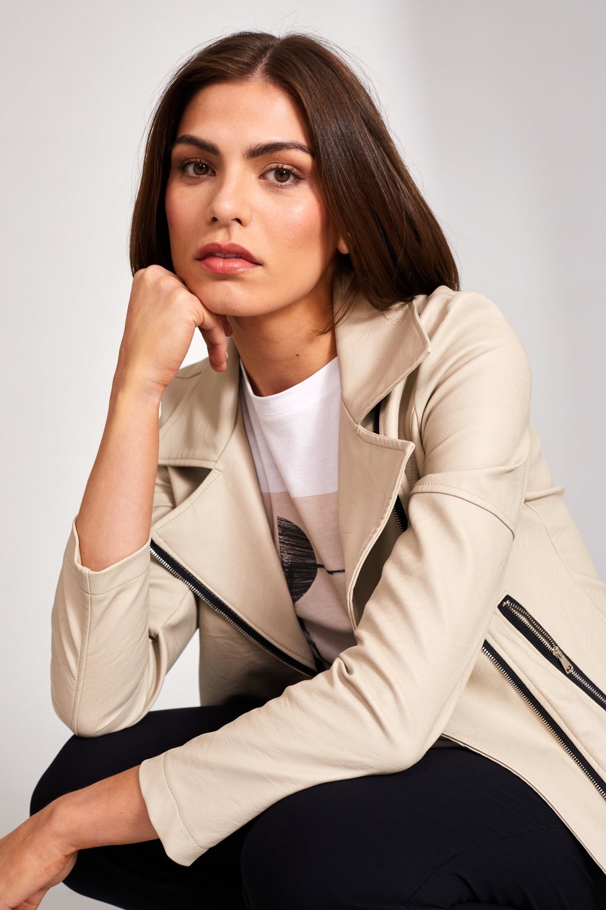 PU Biker Jacket in Cream