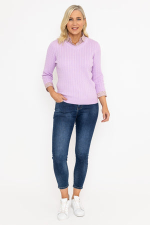 Carraig Donn Purple Cable Knit Sweater With Shirt Collar
