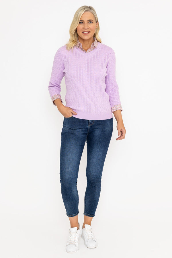 Carraig Donn Purple Cable Knit Sweater With Shirt Collar