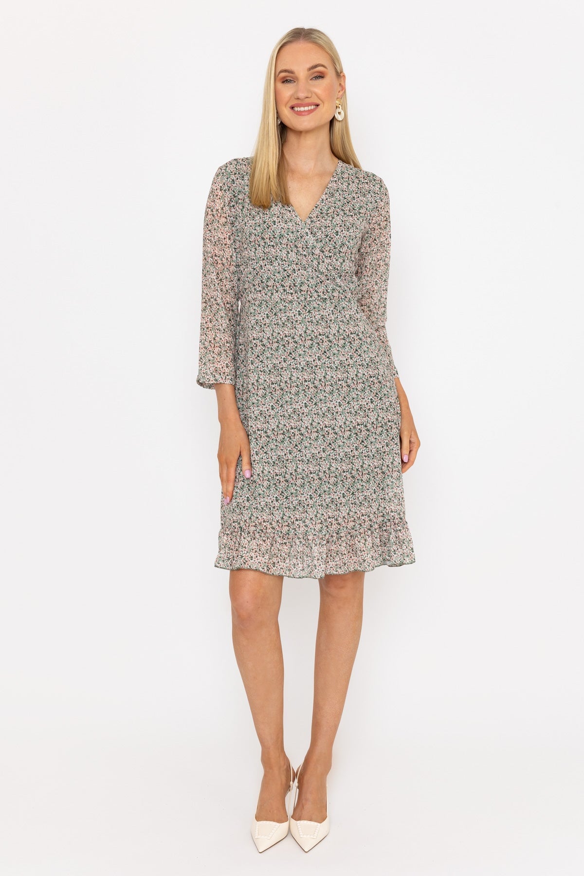 Roisin Knee Length Dress in Khaki Print