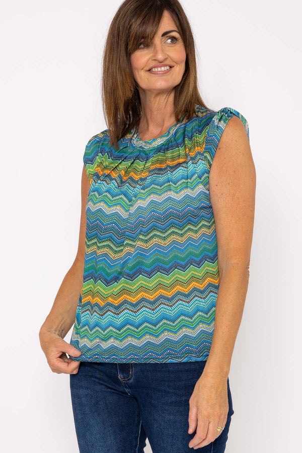 Carraig Donn Round Neck Top In Blue Print