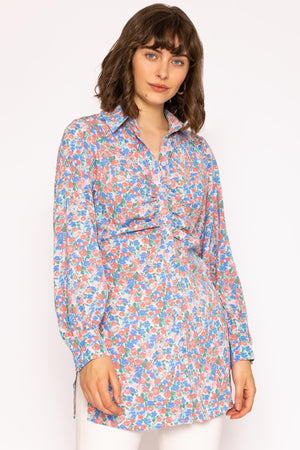 Carraig Donn Ruched Longline Blouse in Blue Print
