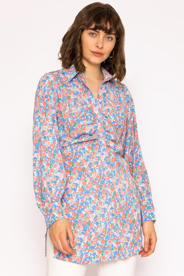 Carraig Donn Ruched Longline Blouse in Blue Print