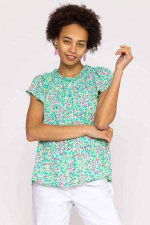 Carraig Donn Ruffle Blouse in Aqua Floral Print