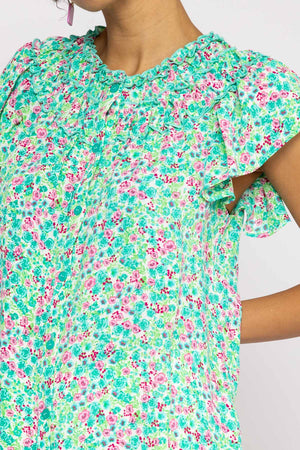 Carraig Donn Ruffle Blouse in Aqua Floral Print
