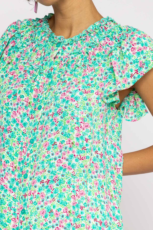 Carraig Donn Ruffle Blouse in Aqua Floral Print