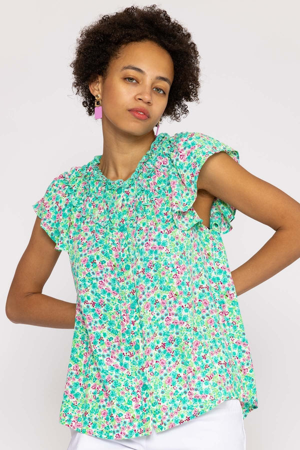 Carraig Donn Ruffle Blouse in Aqua Floral Print