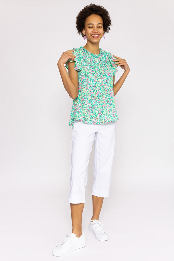Carraig Donn Ruffle Blouse in Aqua Floral Print