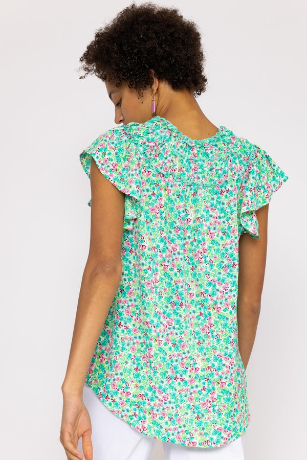 Carraig Donn Ruffle Blouse in Aqua Floral Print