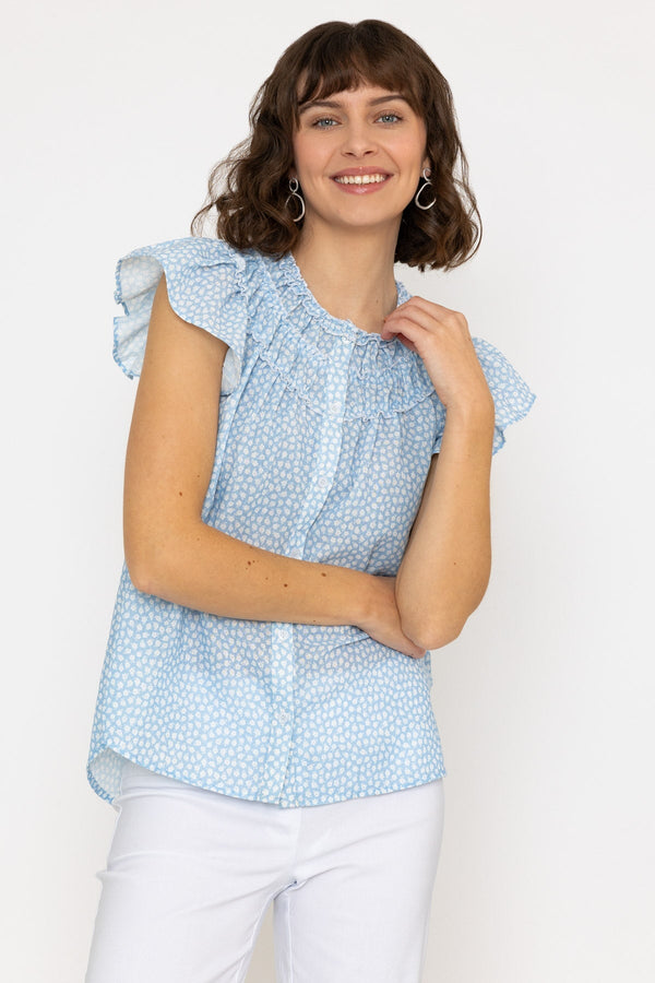 Carraig Donn Ruffle Blouse in Blue Print