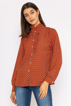 Carraig Donn Ruffle Blouse in Rust Print