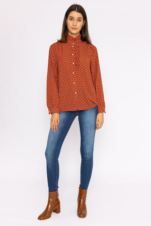Carraig Donn Ruffle Blouse in Rust Print