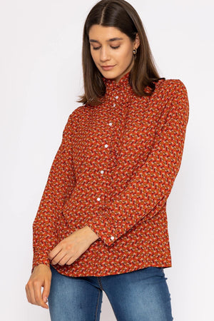 Carraig Donn Ruffle Blouse in Rust Print