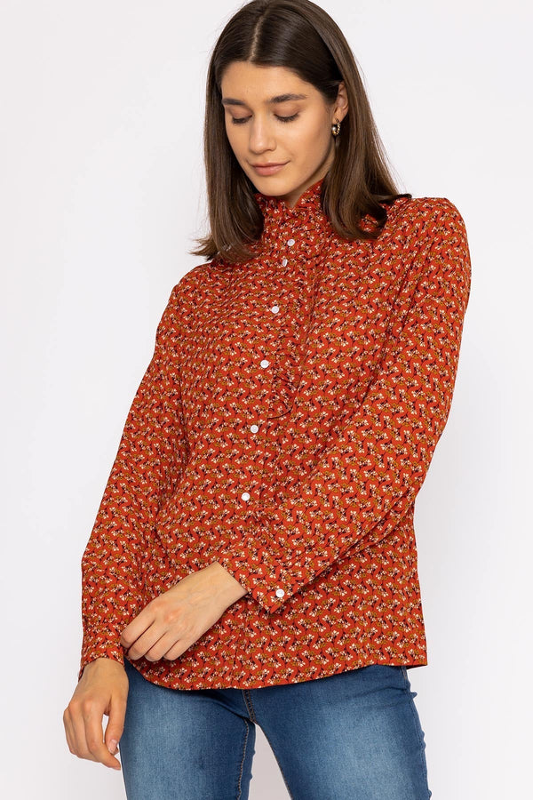 Carraig Donn Ruffle Blouse in Rust Print