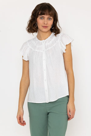 Carraig Donn Ruffle Blouse in White Print