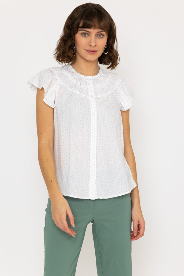 Carraig Donn Ruffle Blouse in White Print